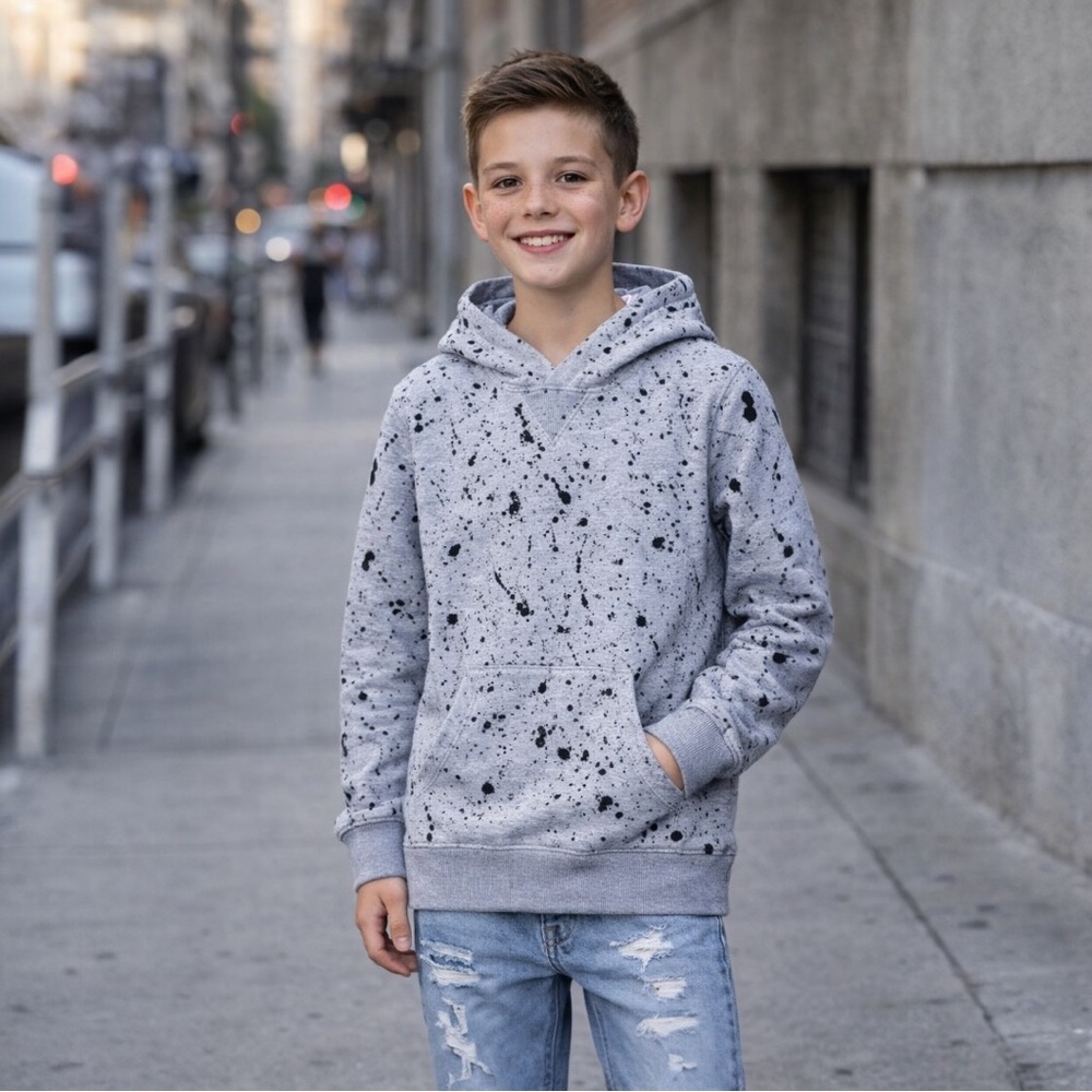 Paint Splatter Gray and Black Boys Hoodie Size S Small